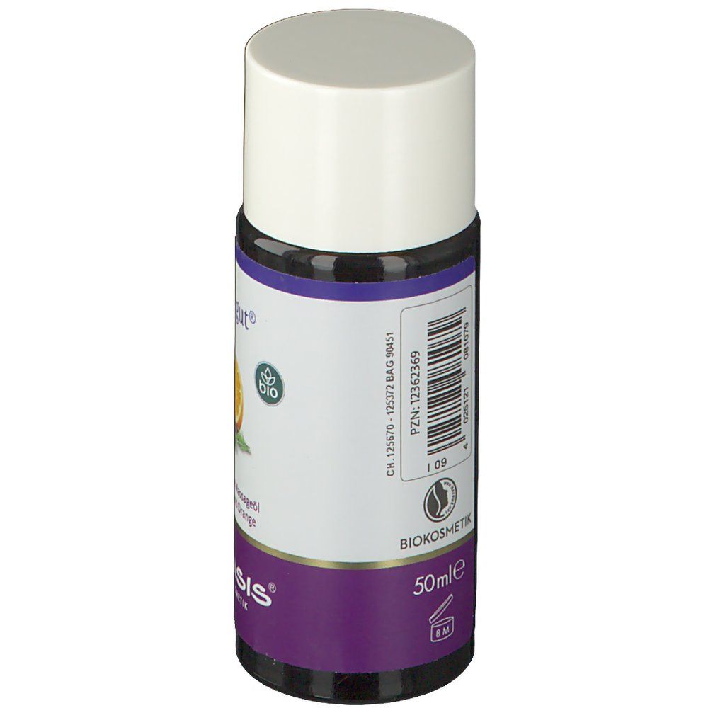 Petite bouteille, dos avec étiquette. Texte: 50ml, code-barres, label bio. Marque: TAOASIS.