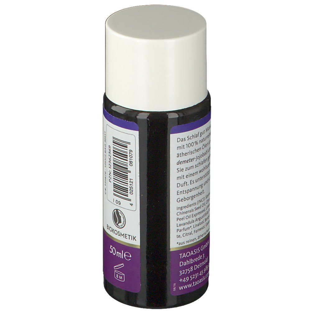 Petite bouteille, dos avec texte. Texte: ingrédients, 50ml, label bio. Marque: TAOASIS.