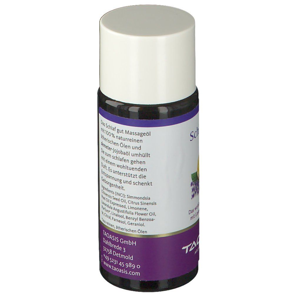 Petite bouteille, dos avec texte. Texte: huile de massage, ingrédients, 50ml. Marque: TAOASIS.