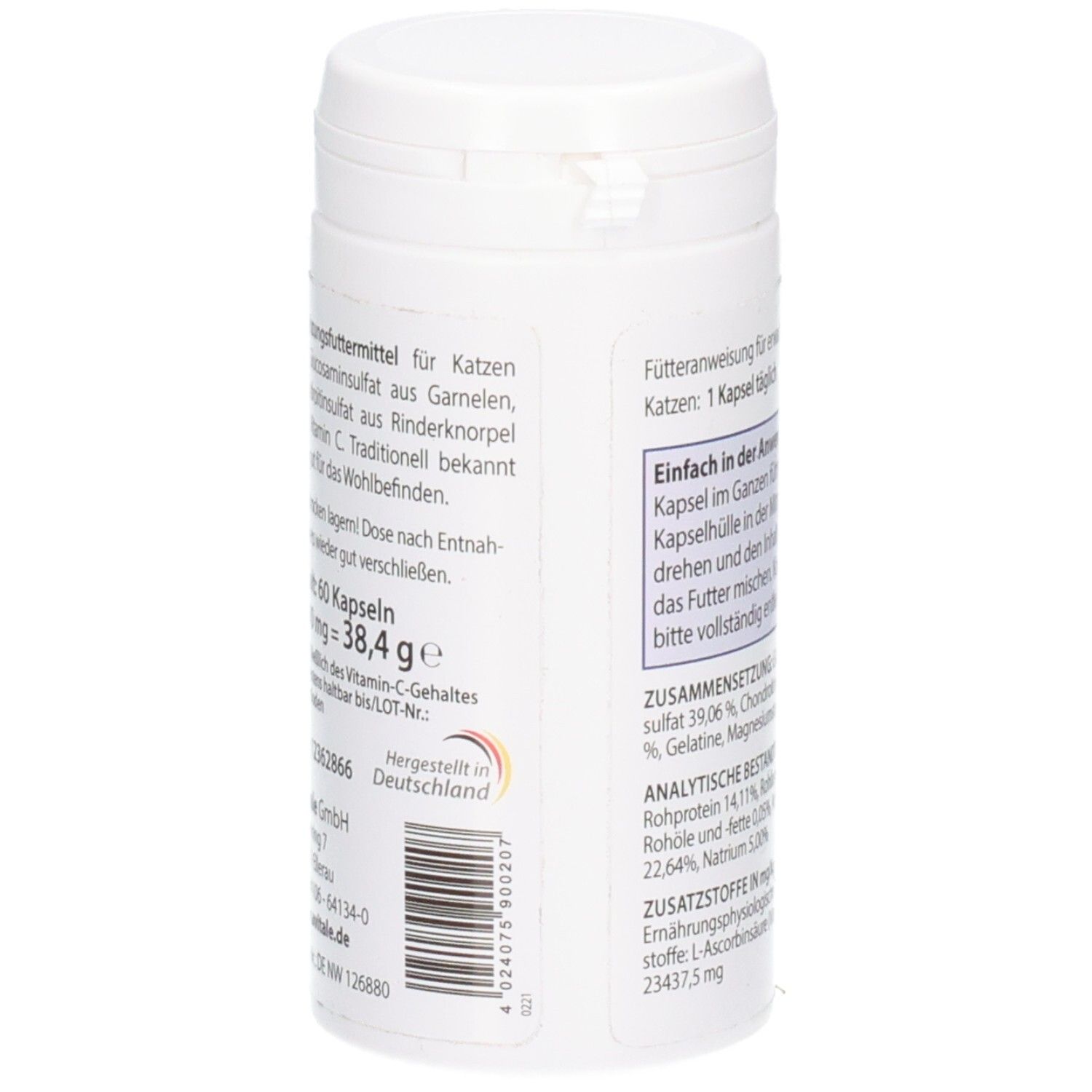 Weiße Dose mit Deckel. Textinformationen und Barcode. Aufschrift: Glucosamin Plus Chondroitin. 60 Kapseln.