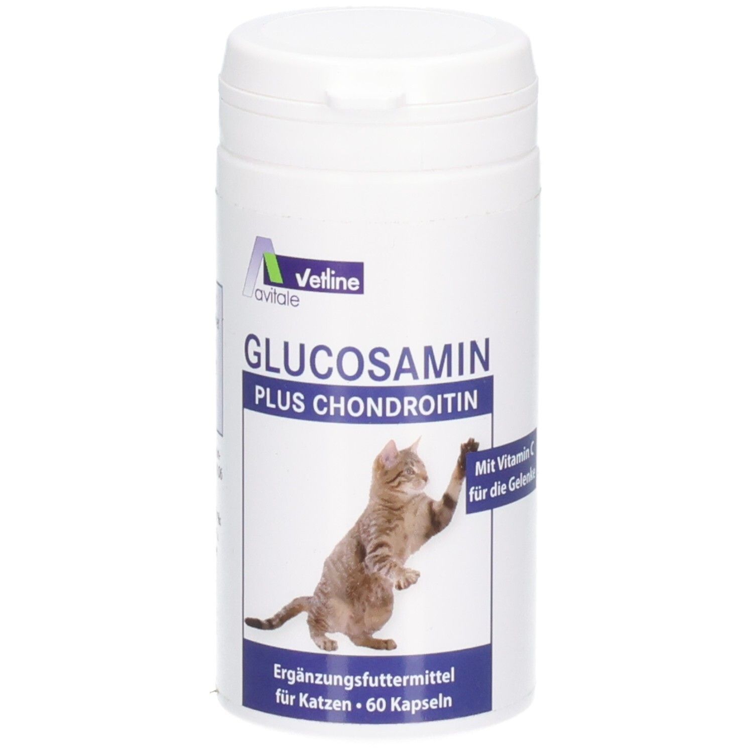 Weiße Dose mit Deckel. Aufschrift: Glucosamin Plus Chondroitin. Abbildung einer Katze. 60 Kapseln. Mit Vitamin C.