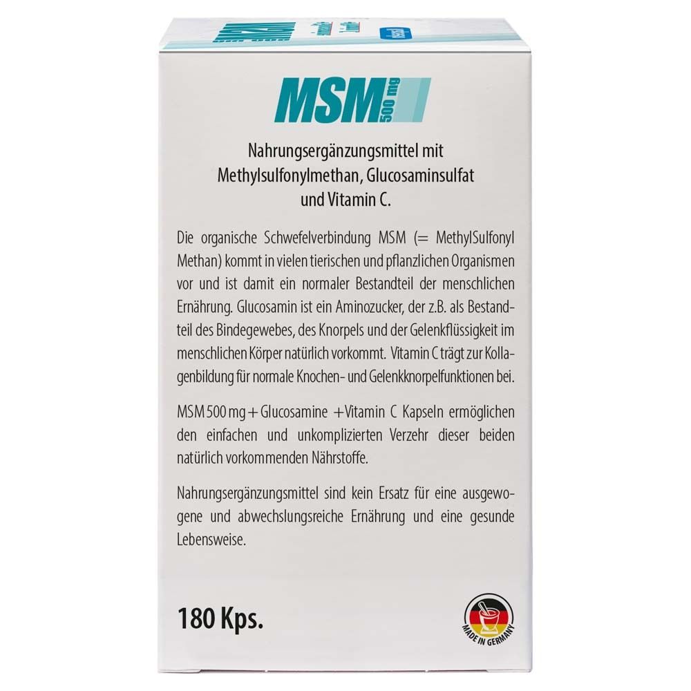 Rückseite der Schachtel mit Informationen zu MSM 500 mg + Glucosamin + Vitamin C Kapseln. 180 Kapseln.