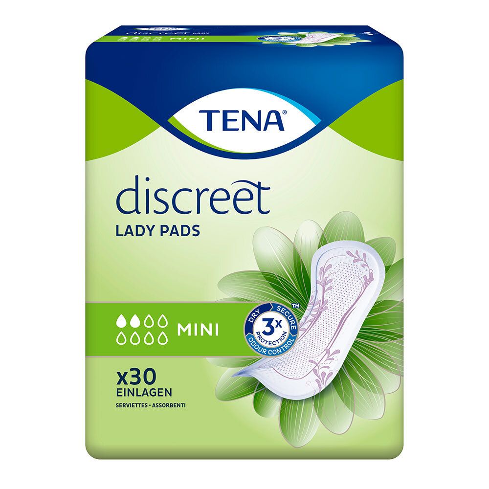TENA discreet Lady Pads Mini, paquet de 30 serviettes. Design vert et blanc avec image du produit et logo.
