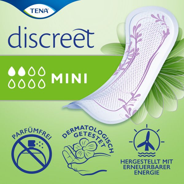 TENA discreet Mini. Testé dermatologiquement, sans parfum, fabriqué avec de l'énergie renouvelable.