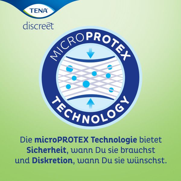 TENA discreet avec technologie MicroProtex. Logo bleu avec flèches et points sur fond vert.