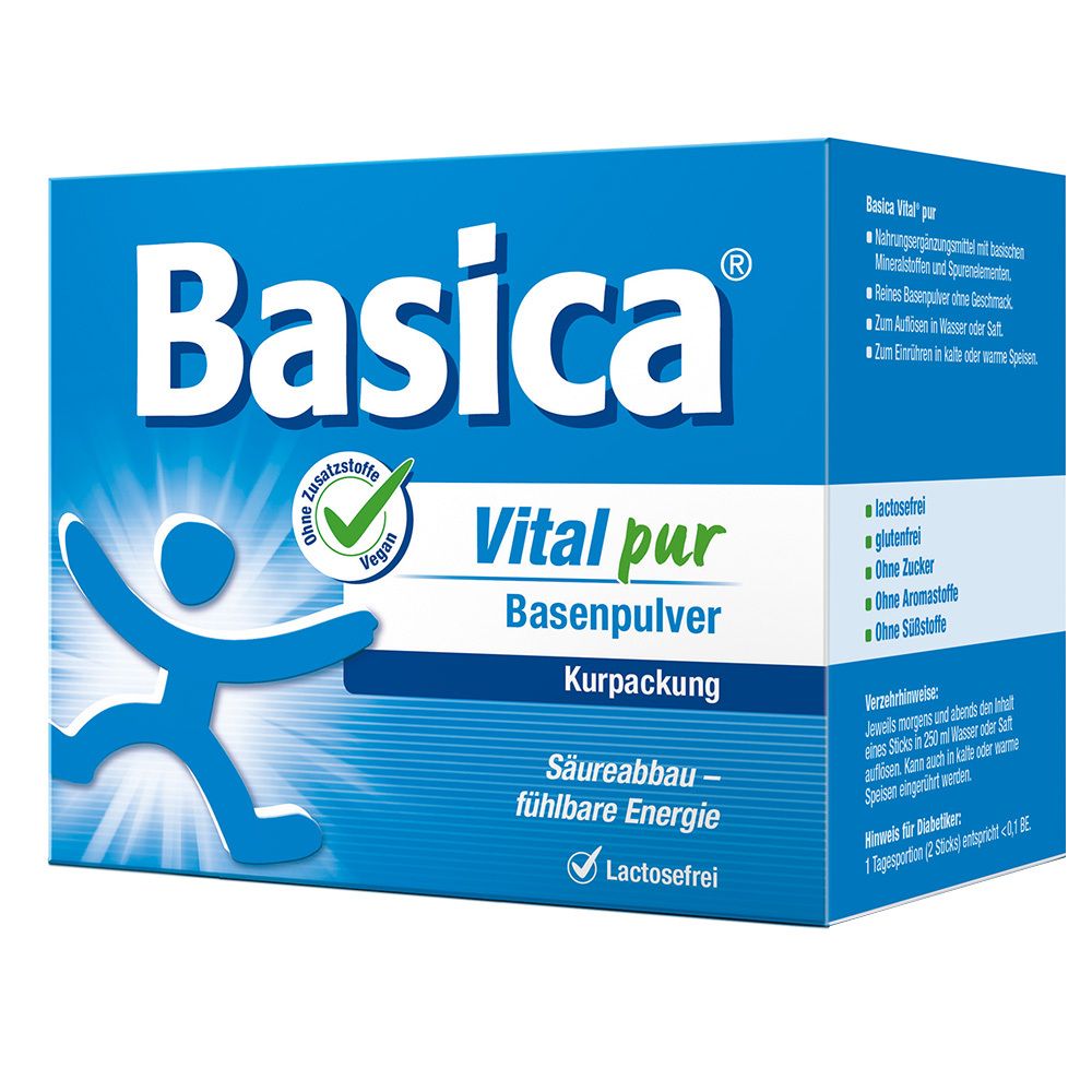 Boîte bleue Basica Vital pur. Inscriptions : Basica, Vital pur, Basenpulver, Kurpackung. Label végétalien.