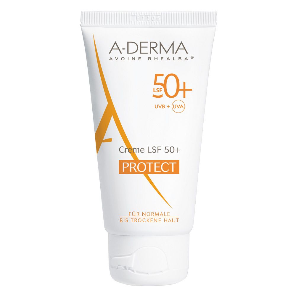 A-Derma Protect LSF 50+ Sonnencreme, orangefarbene Faltschachtel mit Produktinformationen und Anwendungshinweisen.