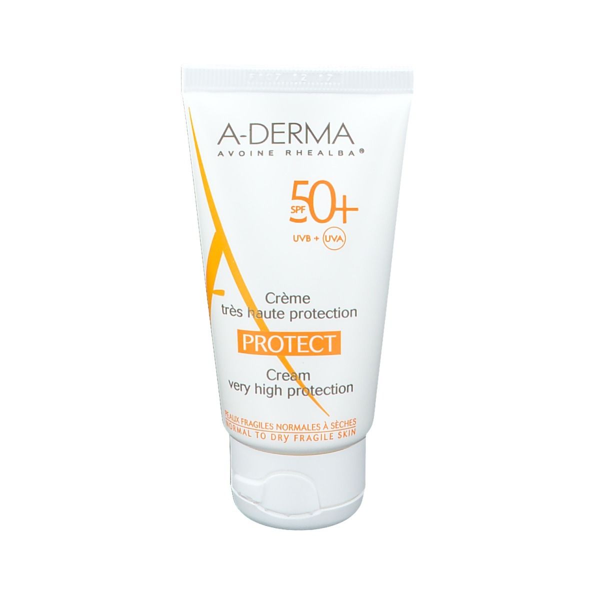 Weisse Tube mit gelb-orangem Aufdruck. A-DERMA, 50+ SPF, PROTECT Creme. Für empfindliche Haut.