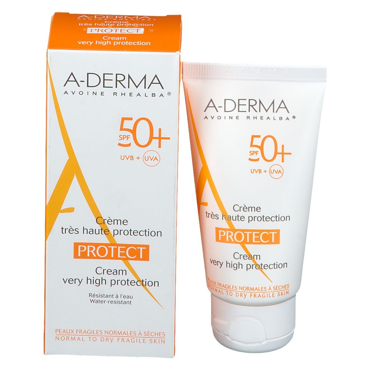 Produktverpackung und Tube. A-DERMA, 50+ SPF, PROTECT Creme. Für empfindliche Haut.