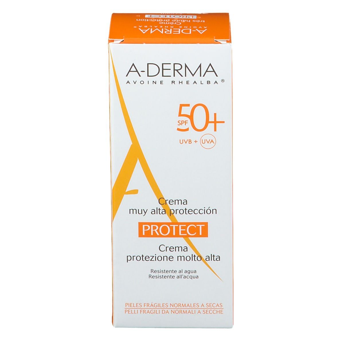 Produktverpackung. A-DERMA, 50+ SPF, PROTECT Creme. Für empfindliche Haut.