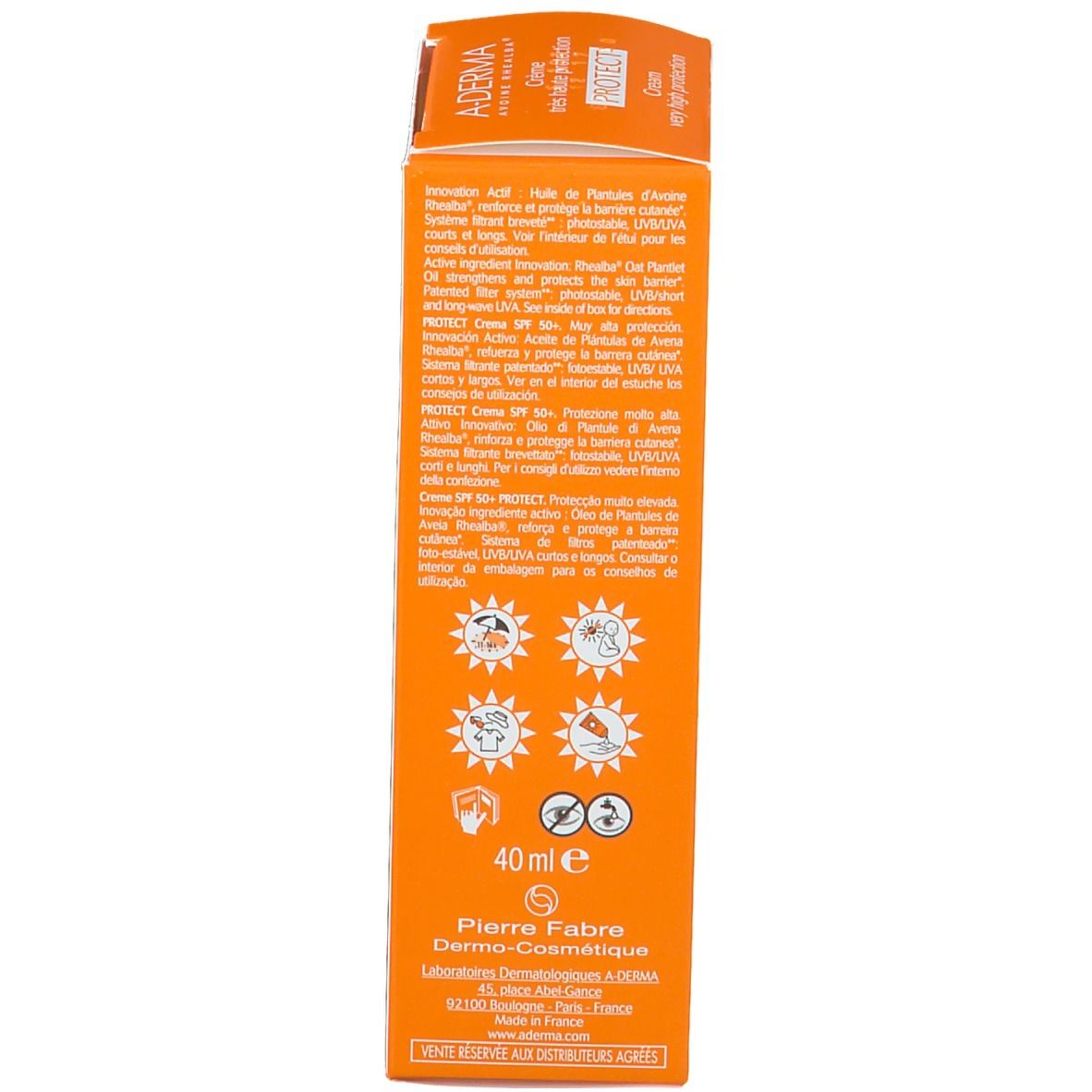 Produktverpackung, Seite. 40 ml. Text in mehreren Sprachen. Herstellerinformationen. Sonnen- und Hautsymbole.