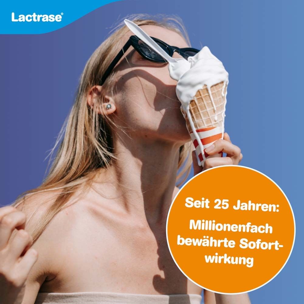 Frau mit Eis. Text: Seit 25 Jahren: Millionenfach bewährte Sofortwirkung. Lactrase®-Logo.