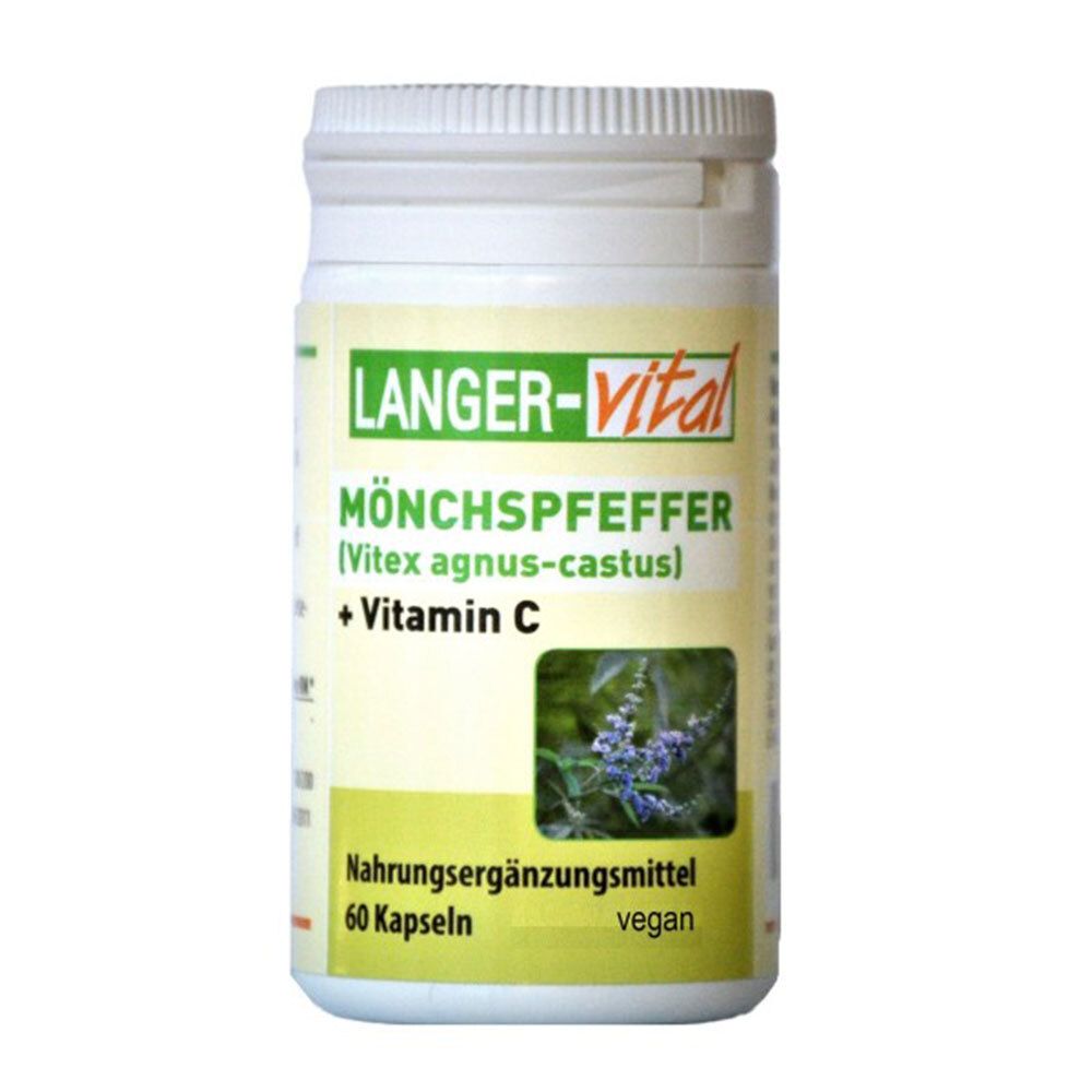Weiße Dose mit Kapseln. Aufschrift: Langer-vital, Mönchspfeffer + Vitamin C. Mit Pflanzenabbildung.