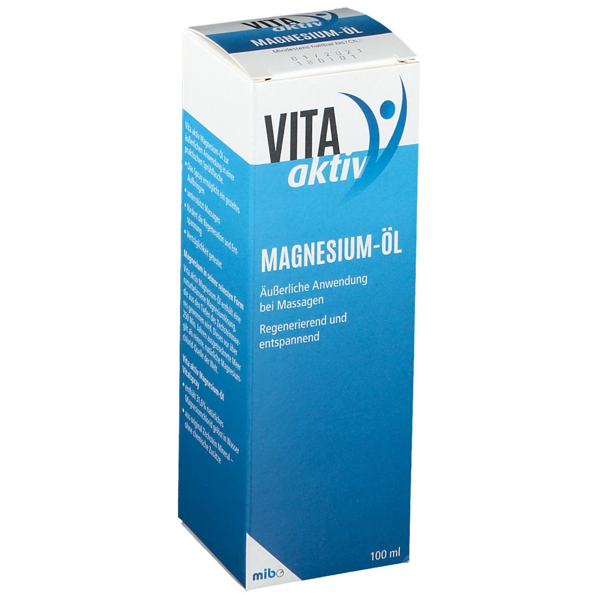 Boîte blanche et bleue "VITA aktiv Magnesium-Öl". Texte: Application externe pour massages. Régénérant et relaxant. 100 ml.