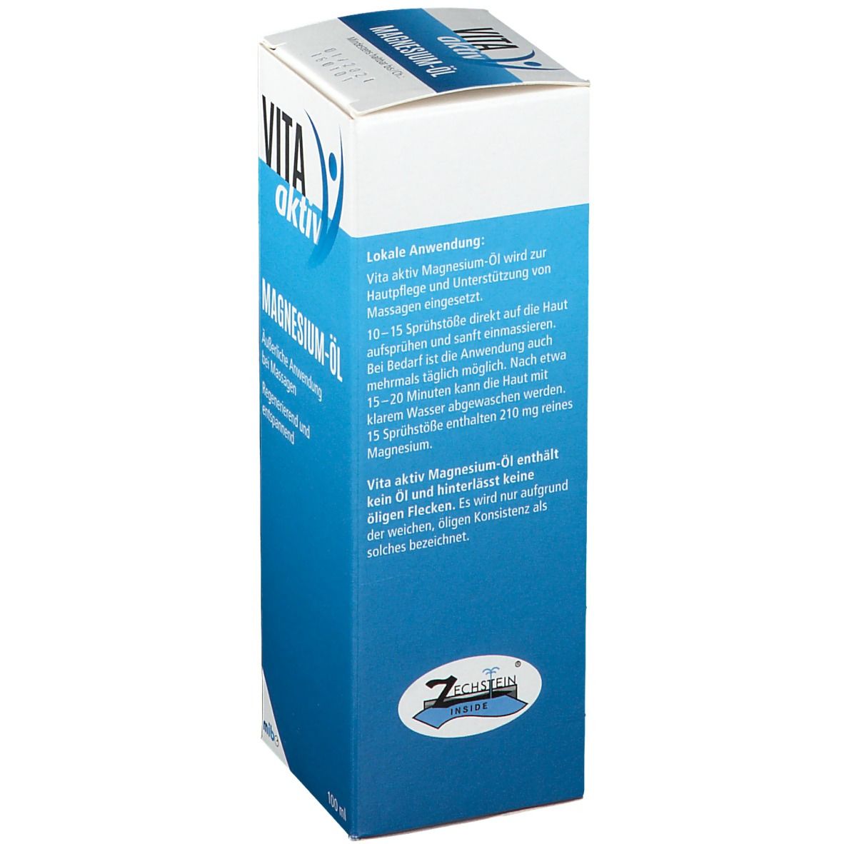 Boîte bleue et blanche "VITA aktiv Magnesium-Öl". Texte: Application locale. Contient le logo Zechstein Inside. 100 ml.