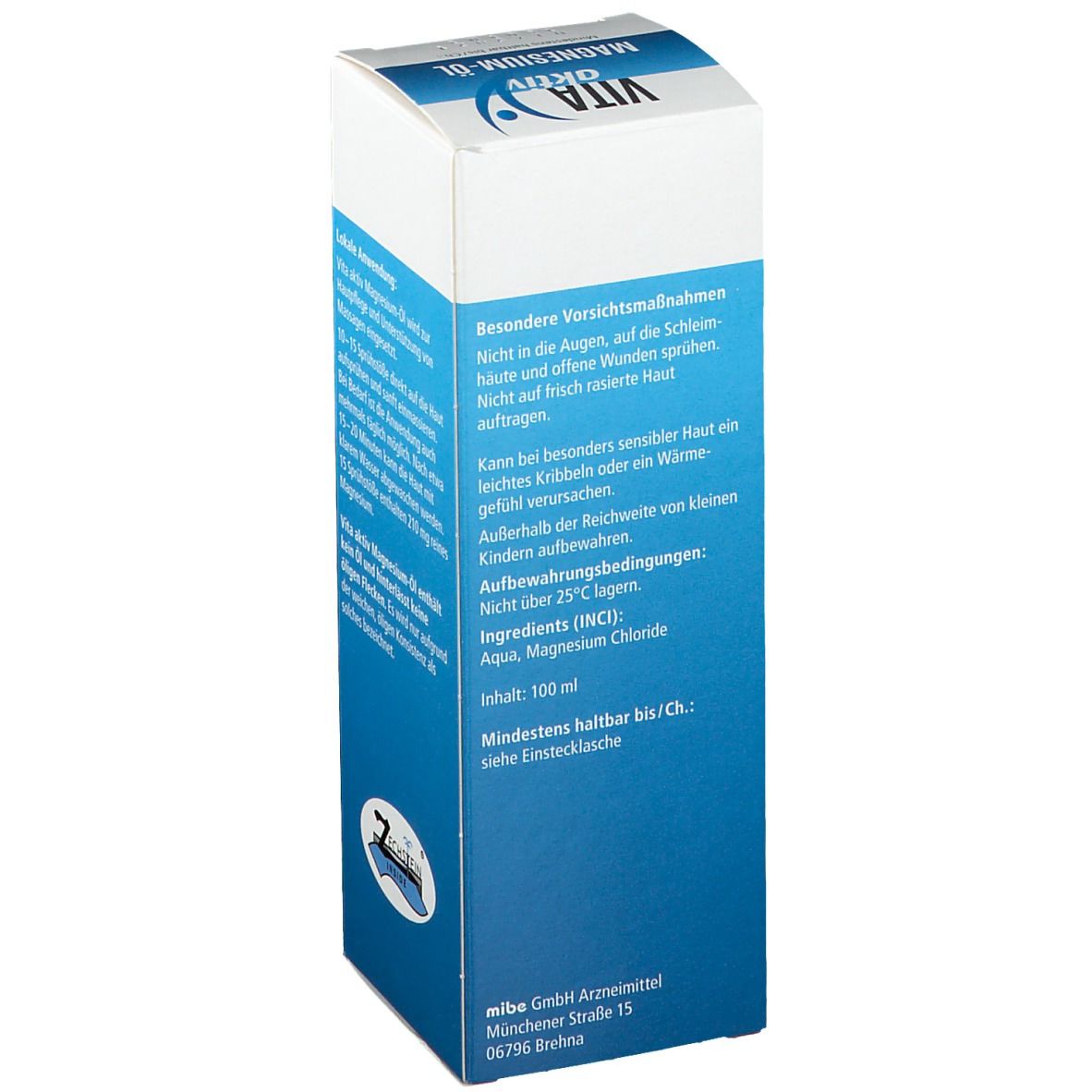 Boîte bleue et blanche "VITA aktiv Magnesium-Öl". Texte: Précautions particulières. Contient des ingrédients. 100 ml. A consommer de préférence avant/Ch.: voir emballage individuel.