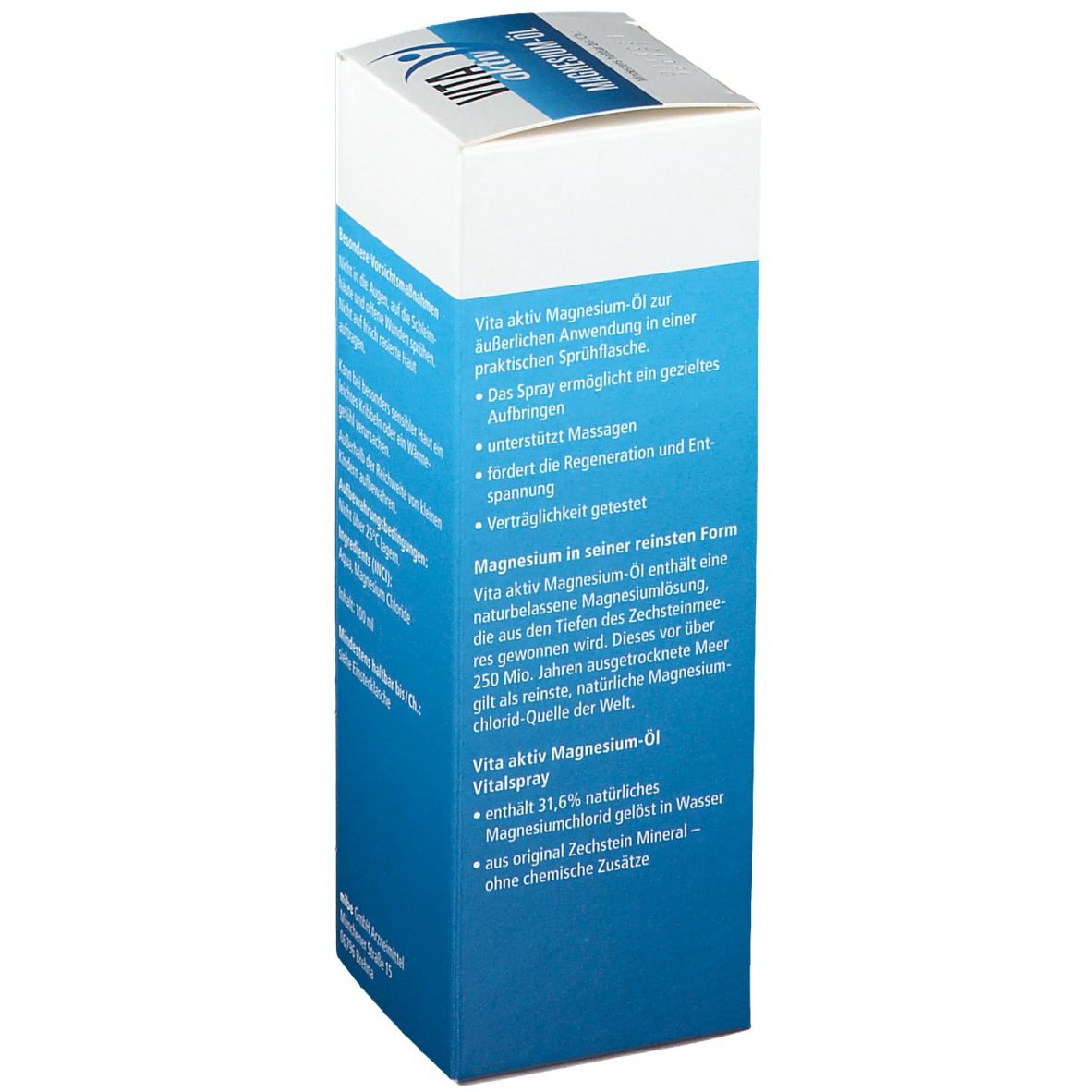Boîte bleue et blanche "VITA aktiv Magnesium-Öl". Texte: Application en flacon pulvérisateur pratique. Contient 31,6% de chlorure de magnésium naturel. De minéral Zechstein original.