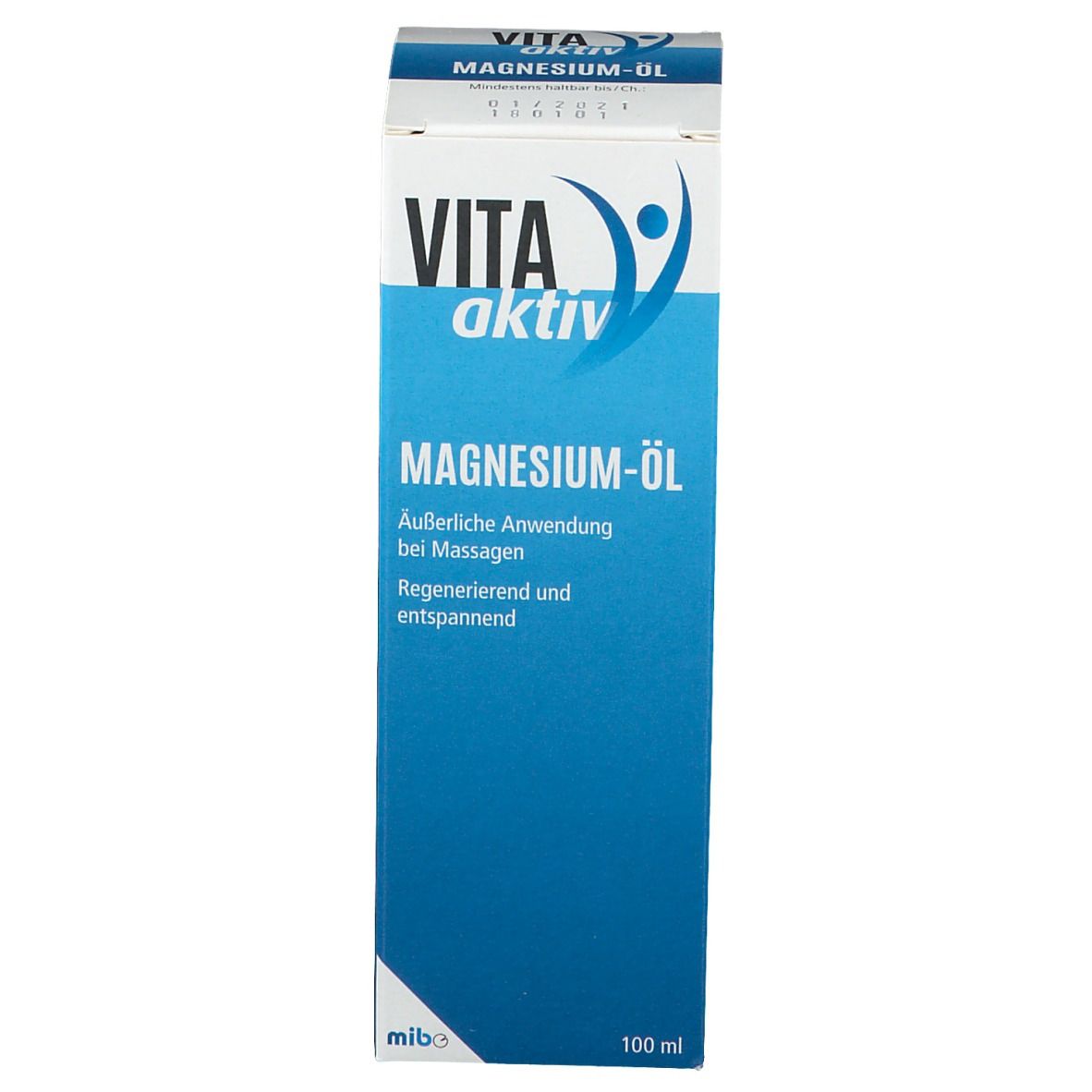 Boîte blanche et bleue "VITA aktiv Magnesium-Öl". Texte: Application externe pour massages. Régénérant et relaxant. 100 ml.
