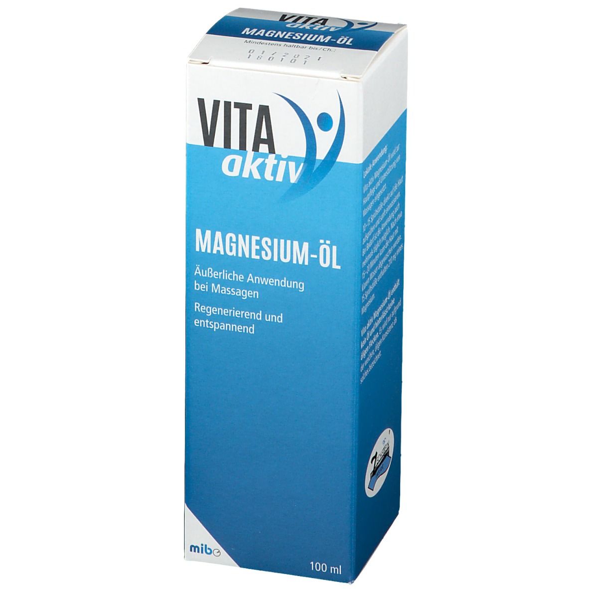 Boîte bleue et blanche "VITA aktiv Magnesium-Öl". Texte: Application externe pour massages. Régénérant et relaxant. 100 ml.