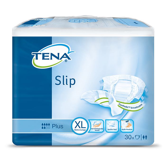Verpackung TENA Slip Plus XL. Blaue Verpackung mit Produktabbildung. Text: TENA, Slip, XL, dermatologisch getestet, atmungsaktiv, 30 Stück.
