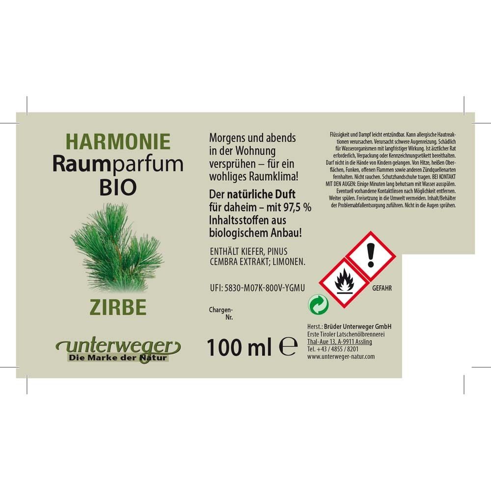 Étiquette avec texte: Harmonie Raumparfum BIO Zirbe. Ingrédients, avertissements, 100 ml. Logo Unterweger.