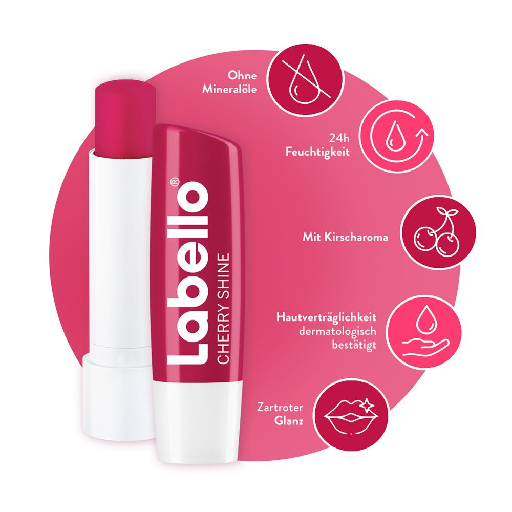 Labello Cherry Shine Lippenpflege mit Icons für Feuchtigkeit und Glanz.