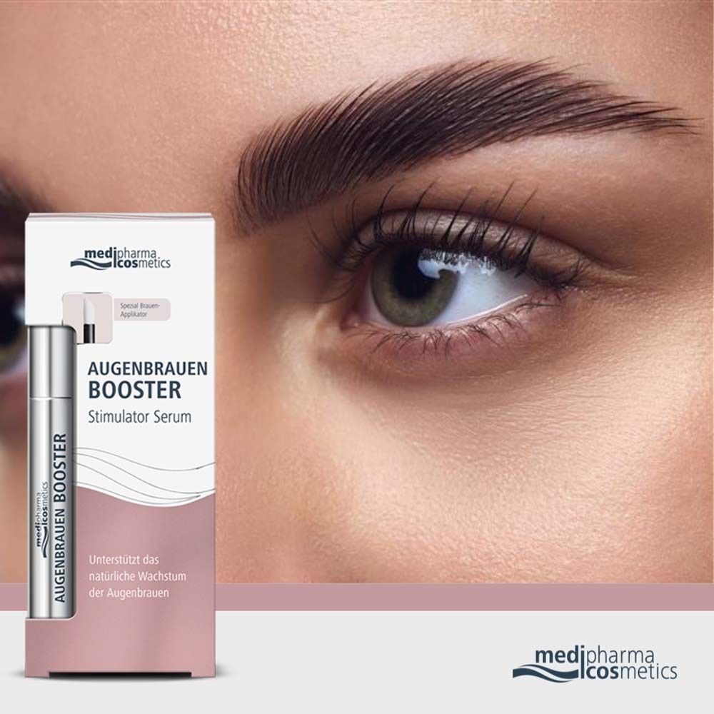 Œil avec sourcil. Emballage du produit avec Augenbrauen Booster. Marque: medipharma cosmetics.