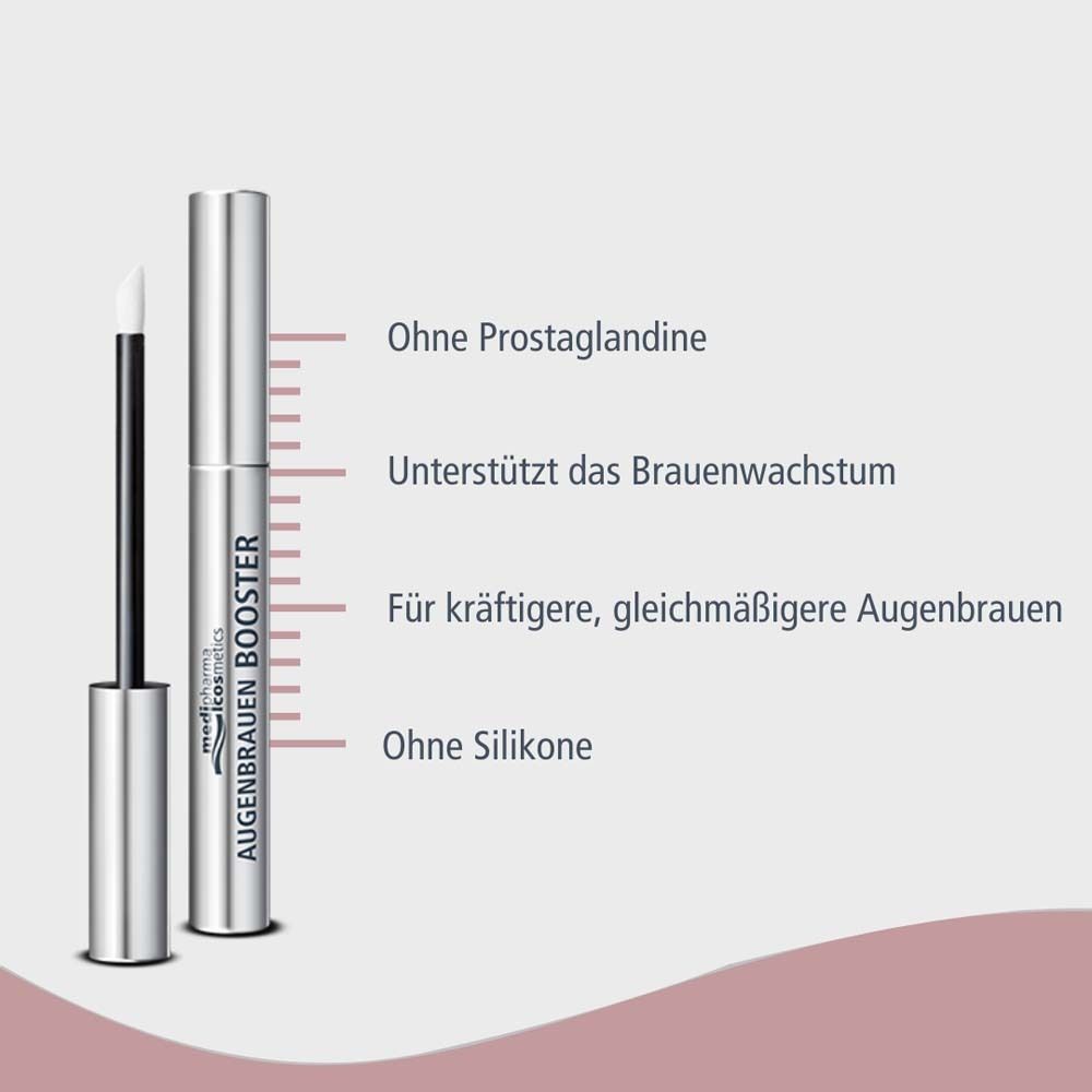 Tube argenté avec applicateur. Texte: Sans prostaglandines, Soutient la croissance des sourcils, Sans silicones.
