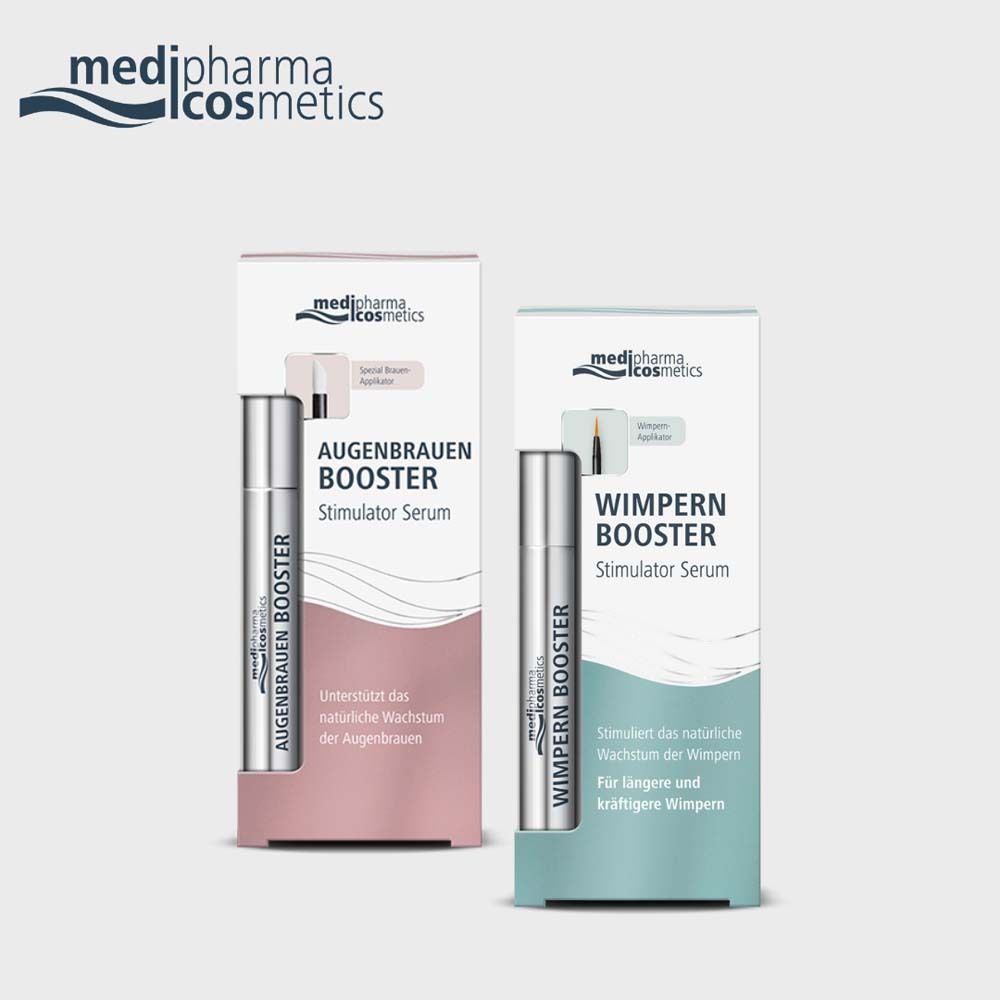 Deux emballages de produits. Augenbrauen Booster et Wimpern Booster. Marque: medipharma cosmetics.