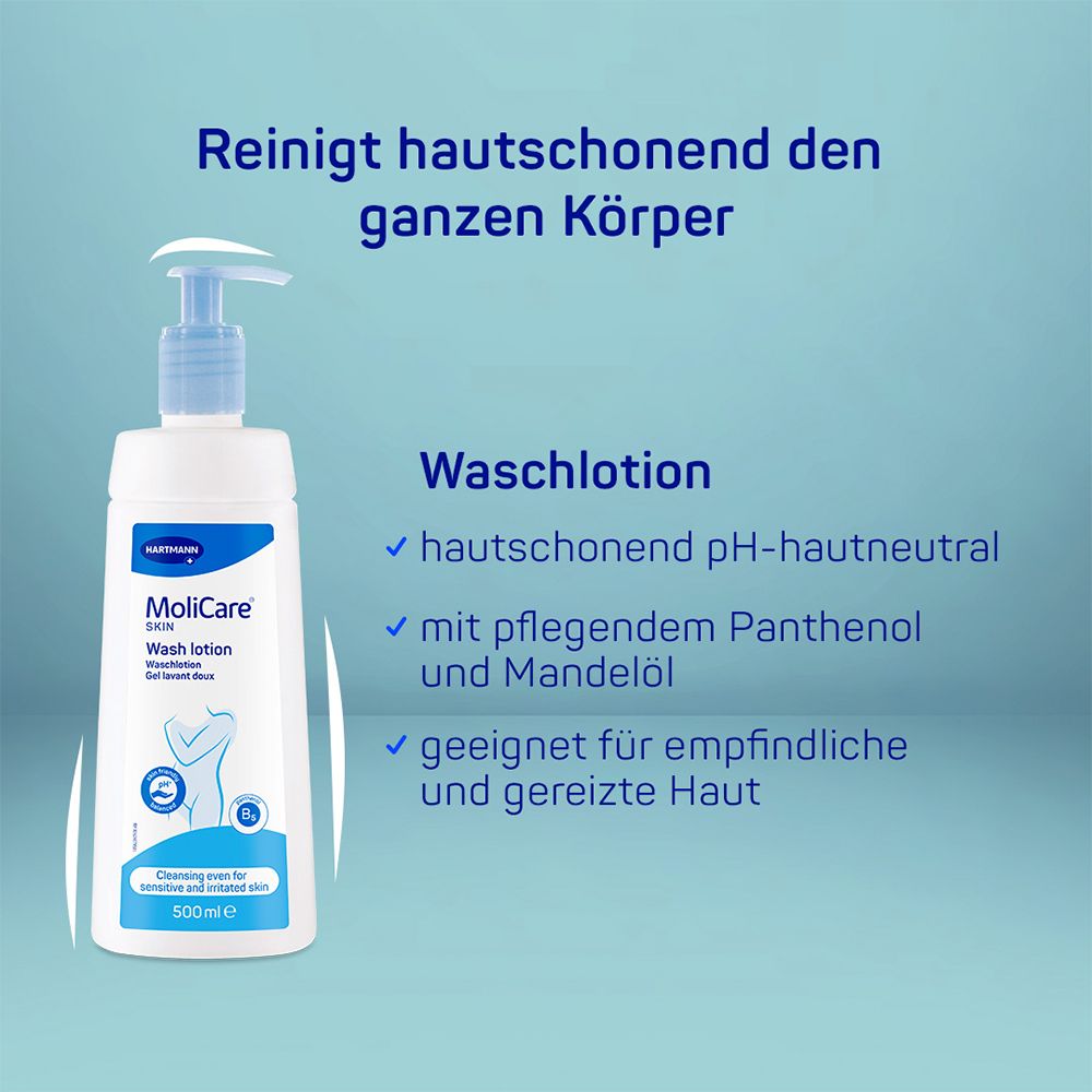 Flacon avec texte. Texte: Wash lotion, pH neutre, avec panthénol et huile d'amande, pour peaux sensibles.