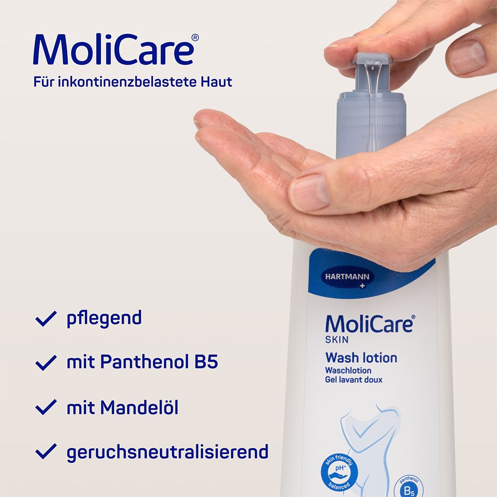 Mains tenant un flacon. Inscription: MoliCare Skin Wash lotion. Soin, avec panthénol B5 et huile d'amande.