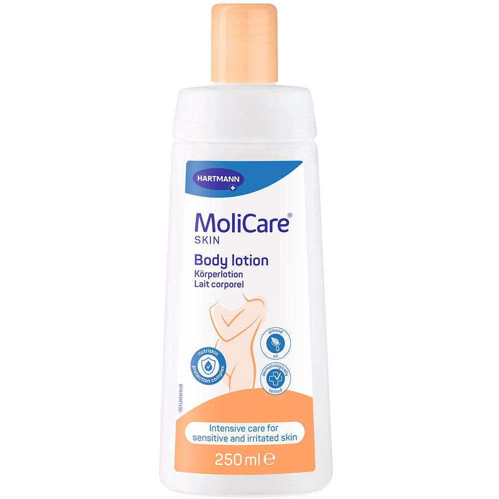 MoliCare Skin Körperlotion, Bodylotion, Hautpflege, mit natürlichem Mandelöl. Intensive Pflege für belastete Haut.