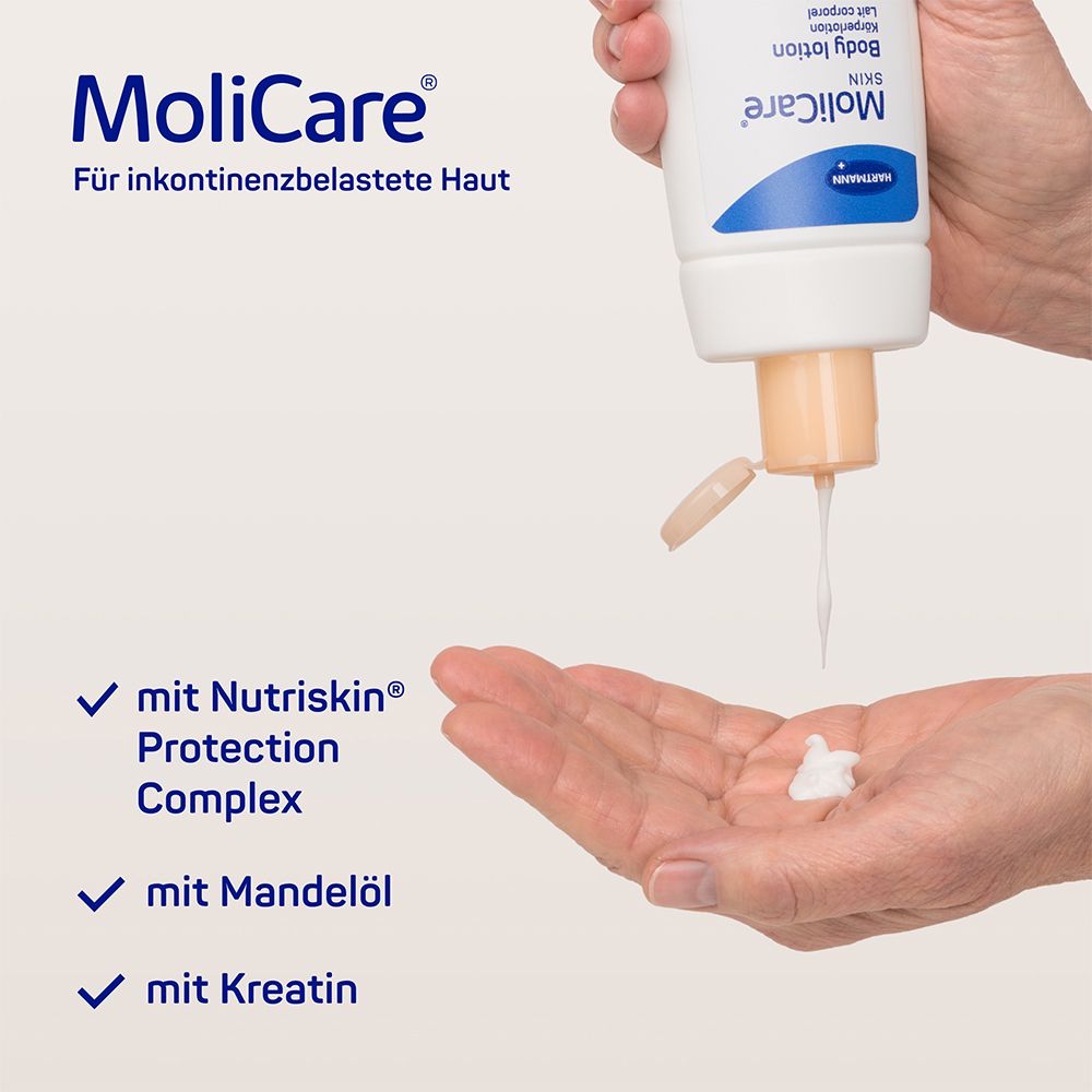 MoliCare Skin Körperlotion, Bodylotion, Hautpflege, mit natürlichem Mandelöl. Intensive Pflege für belastete Haut.