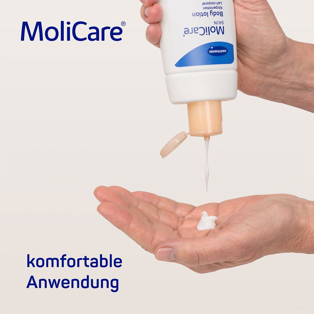 MoliCare Skin Körperlotion, Bodylotion, Hautpflege, mit natürlichem Mandelöl. Intensive Pflege für belastete Haut.