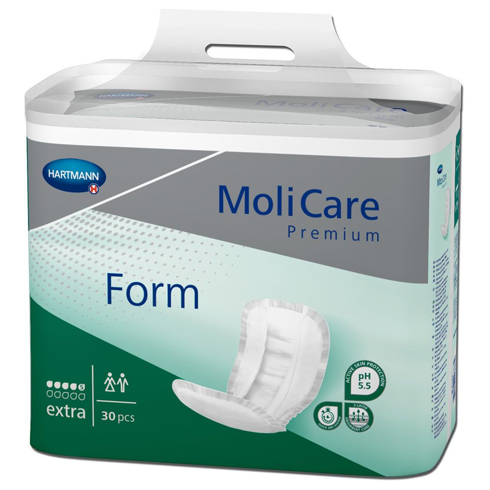 Verpackung MoliCare Premium Form Extra. Marke Hartmann. 30 Stück. pH 5,5. Mit Griff. Aufdruck: extra, Form, MoliCare Premium.