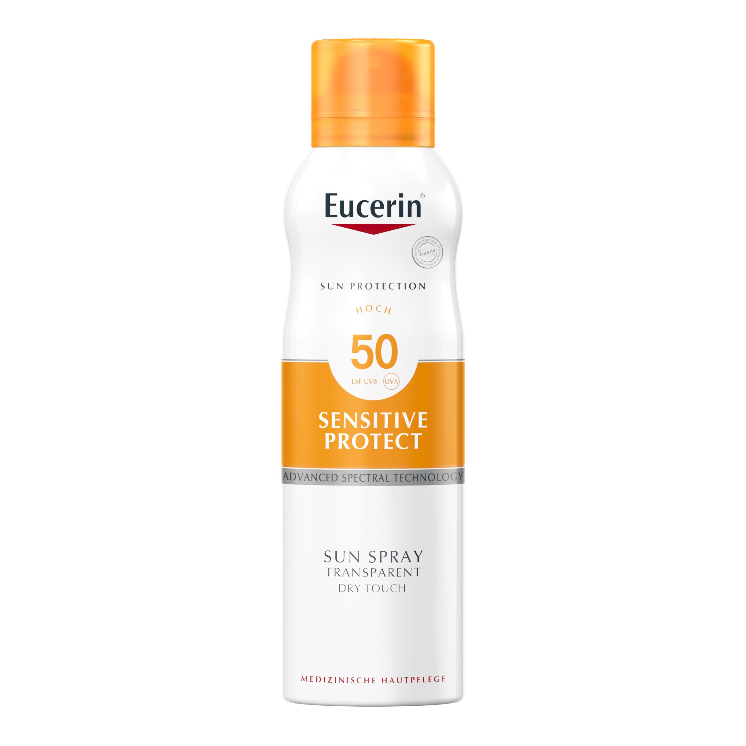 Eucerin Sun Spray Transparent Dry Touch LSF 50. Flacon blanc avec bouchon orange. Nom du produit et SPF 50 clairement visibles.