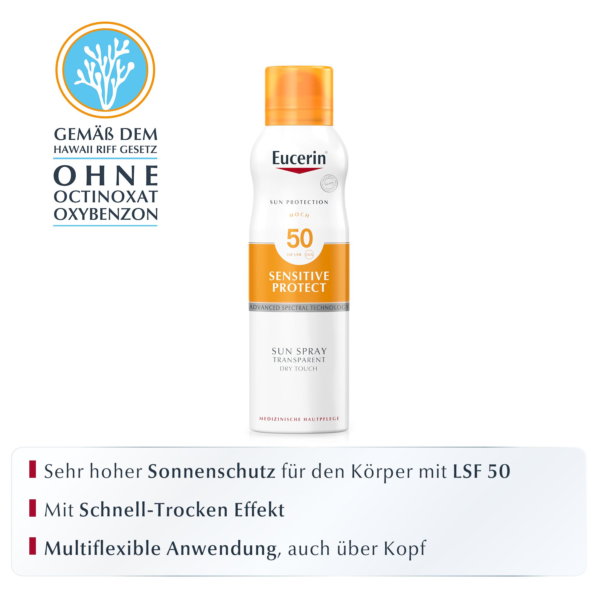 Eucerin Sun Spray Transparent Dry Touch LSF 50. Flacon avec texte et logo. En haut : certification. En bas : avantages du produit.