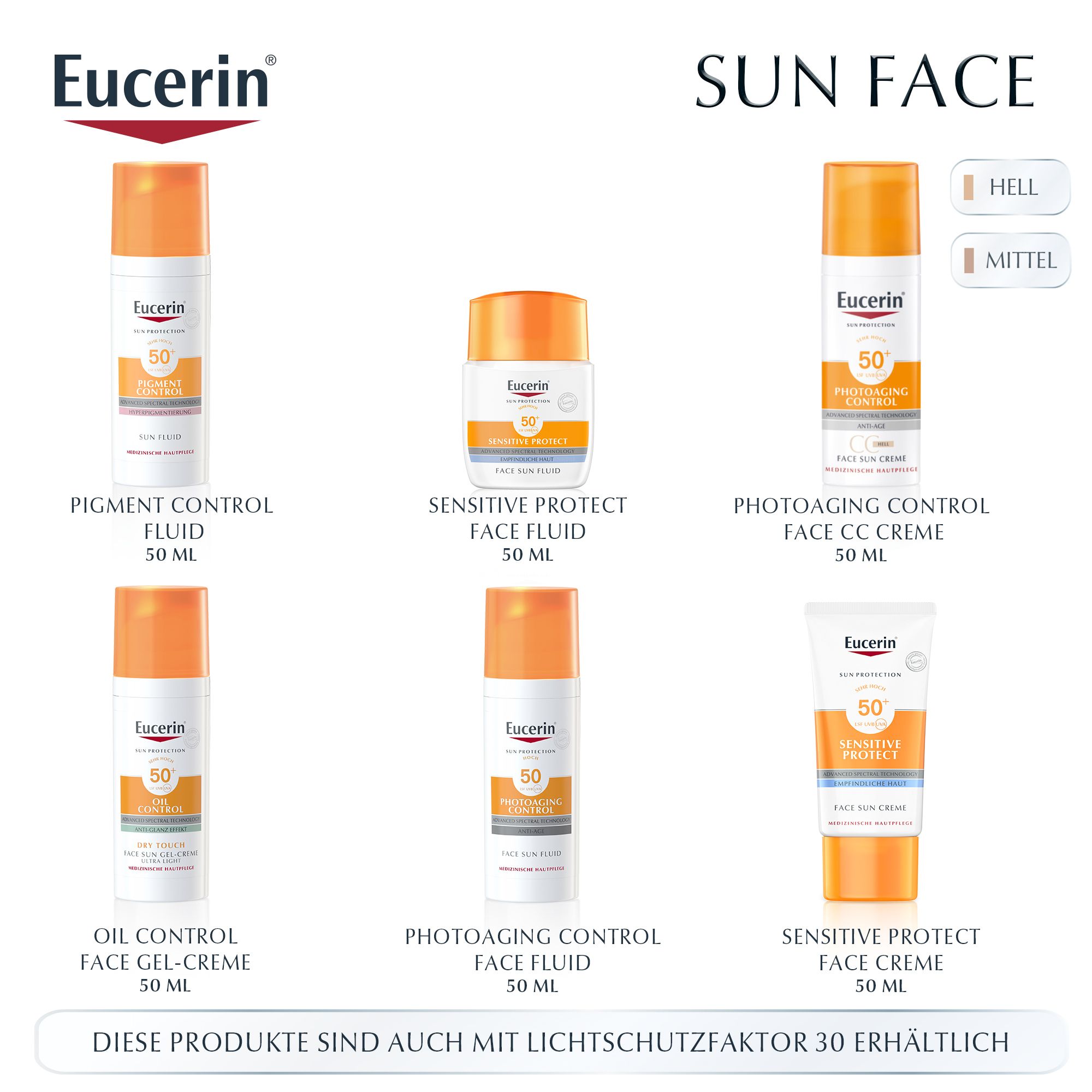 Divers produits de protection solaire Eucerin pour le visage. Crèmes et fluides avec différents facteurs de protection solaire.
