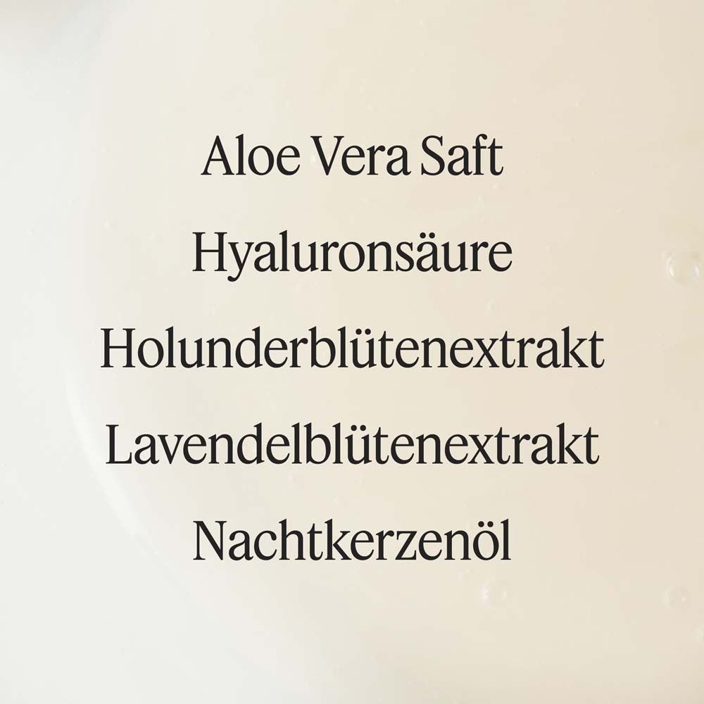 Texte avec ingrédients : Jus d'Aloe Vera, Acide hyaluronique, Extrait de fleur de sureau, Extrait de lavande, Huile d'onagre.