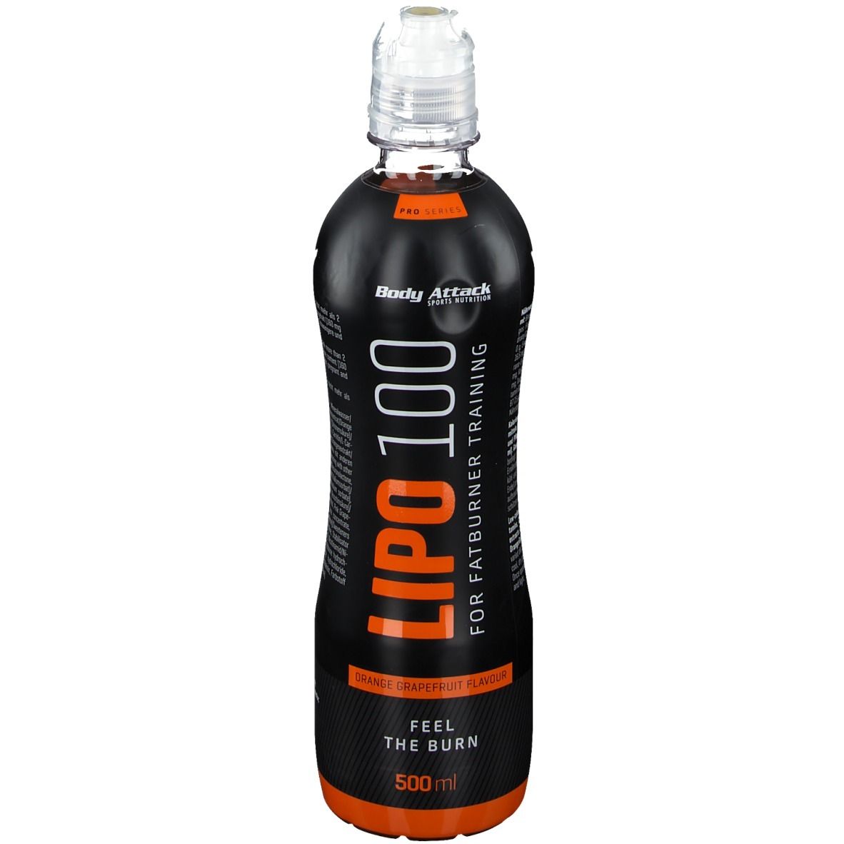 Schlanke, schwarze Flasche mit orangefarbenen Akzenten. Aufschrift: LIPO 100, Body Attack. Orange-Grapefruit-Geschmack. Transparenter Verschluss.