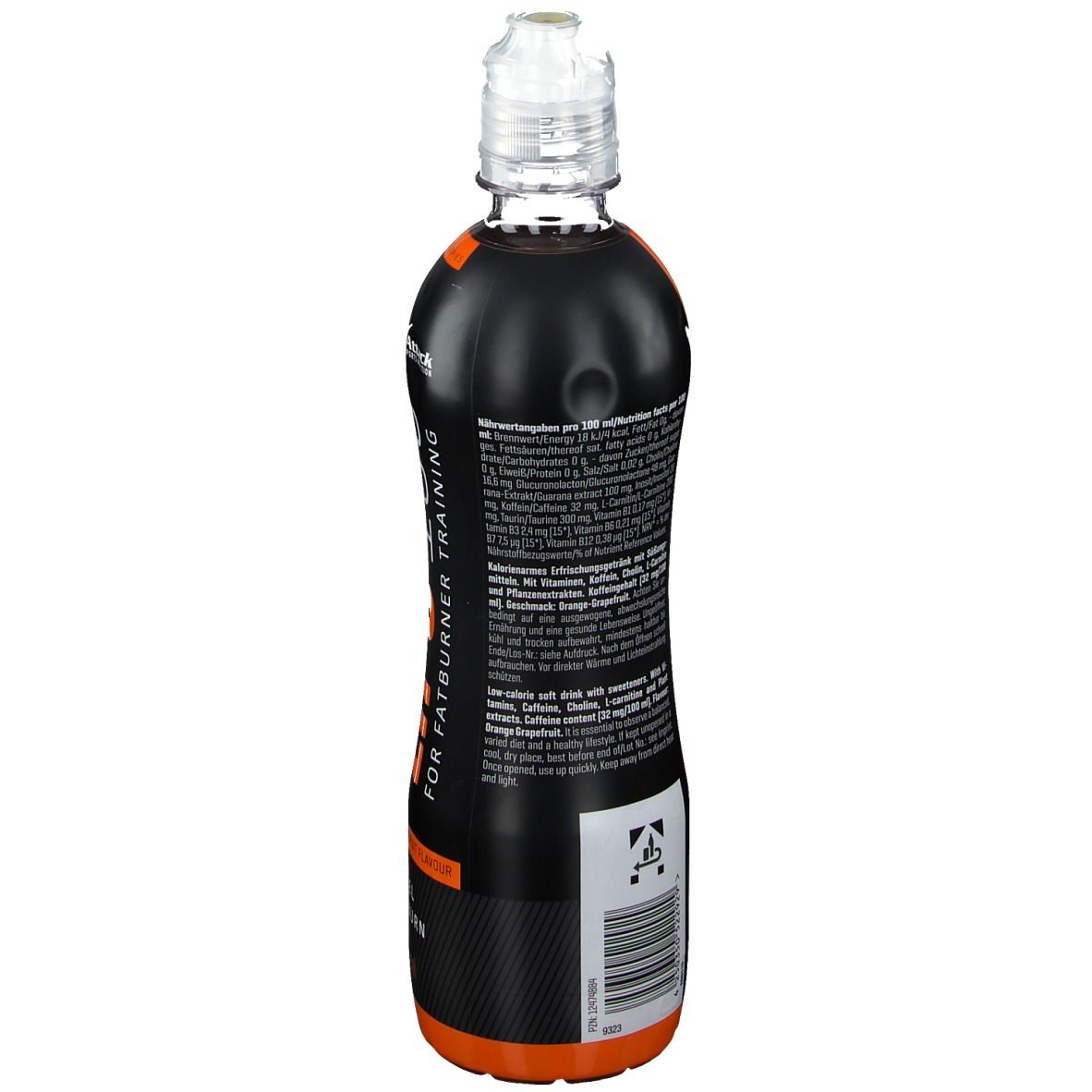 Schlanke, schwarze Flasche mit orangefarbenen Akzenten. Rückseite mit Text. Transparenter Verschluss. Barcode und Informationen.