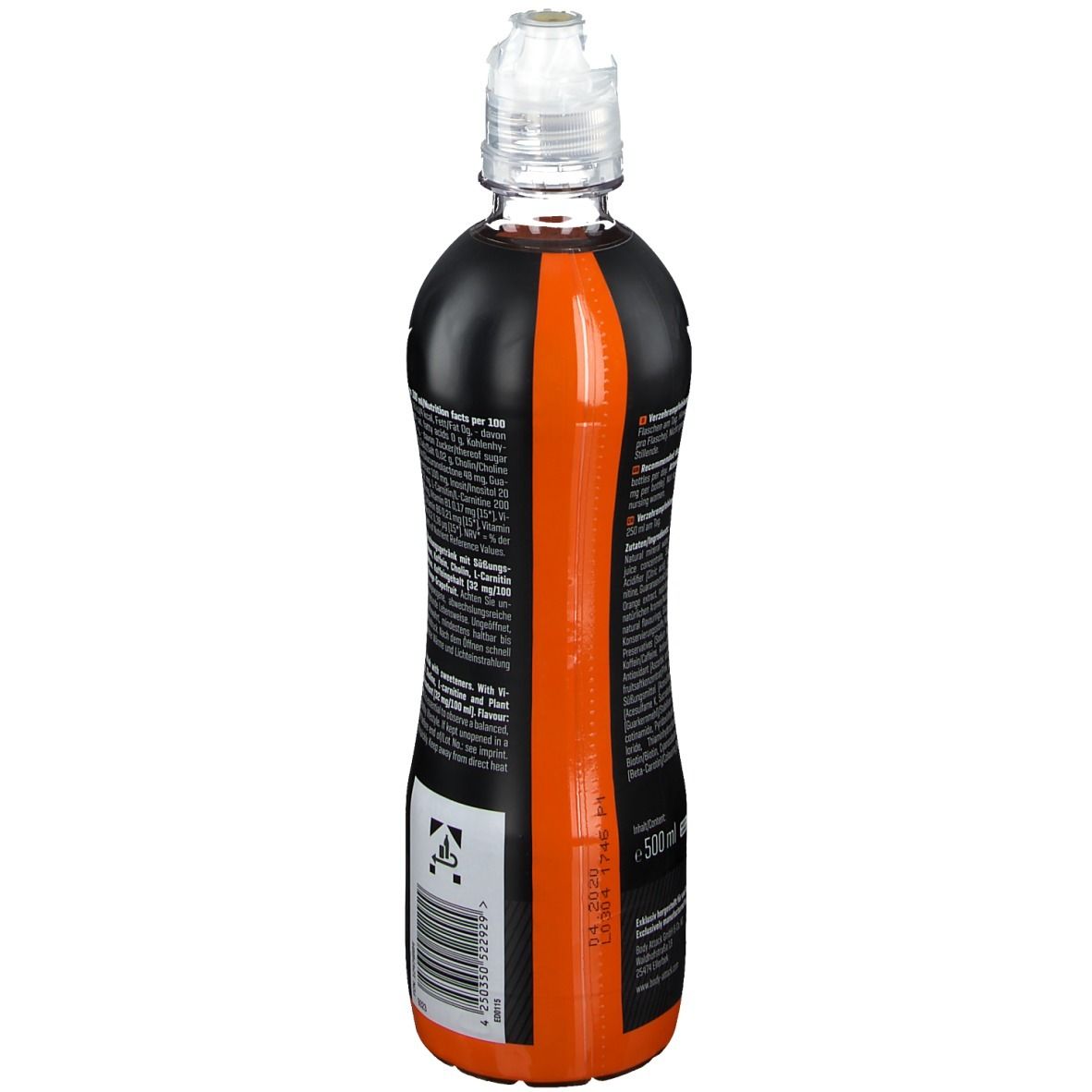 Schlanke, schwarze Flasche mit orangefarbenen Akzenten. Rückseite mit Text. Transparenter Verschluss. Barcode und Informationen.