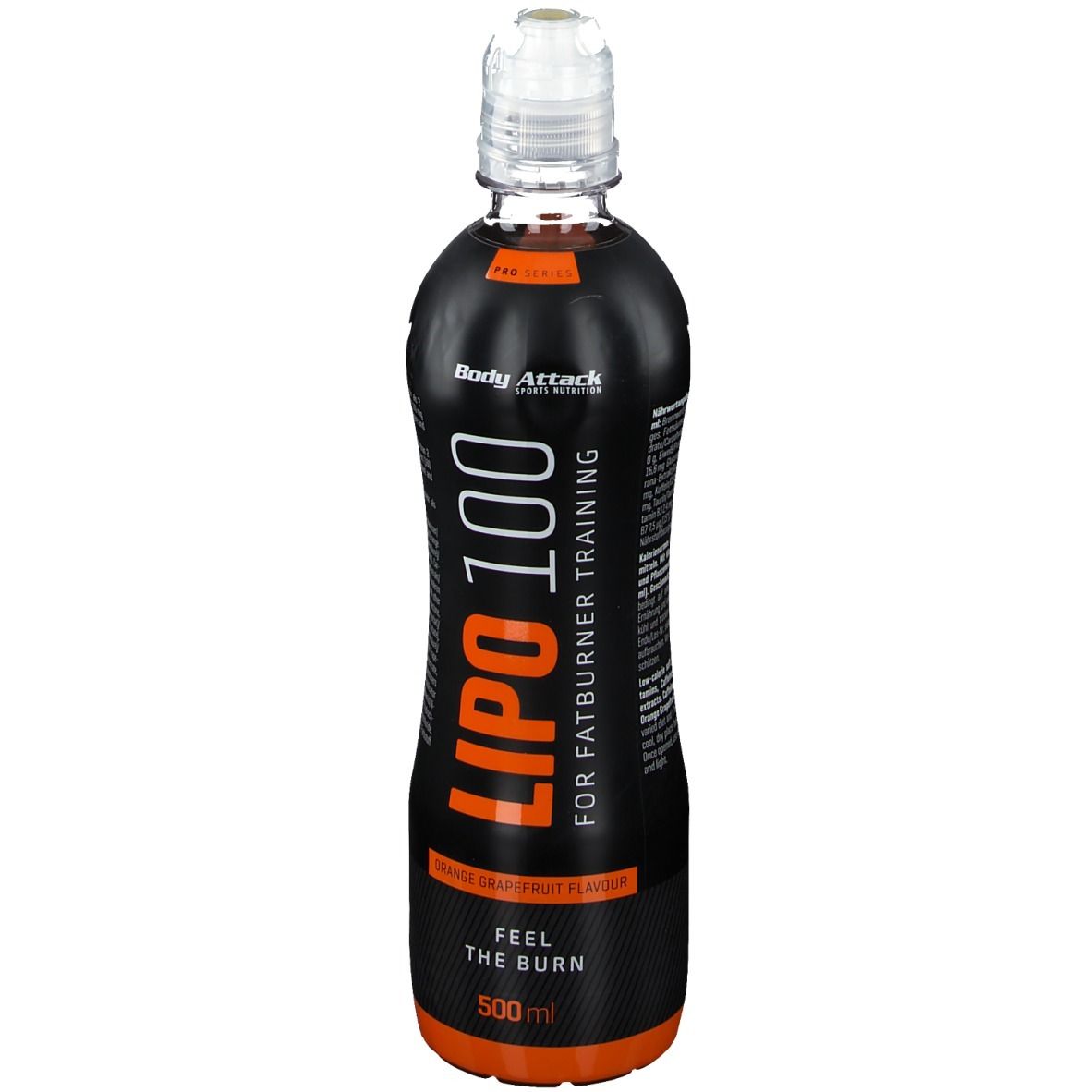 Schlanke, schwarze Flasche mit orangefarbenen Akzenten. Aufschrift: LIPO 100, Body Attack. Orange-Grapefruit-Geschmack. Transparenter Verschluss.