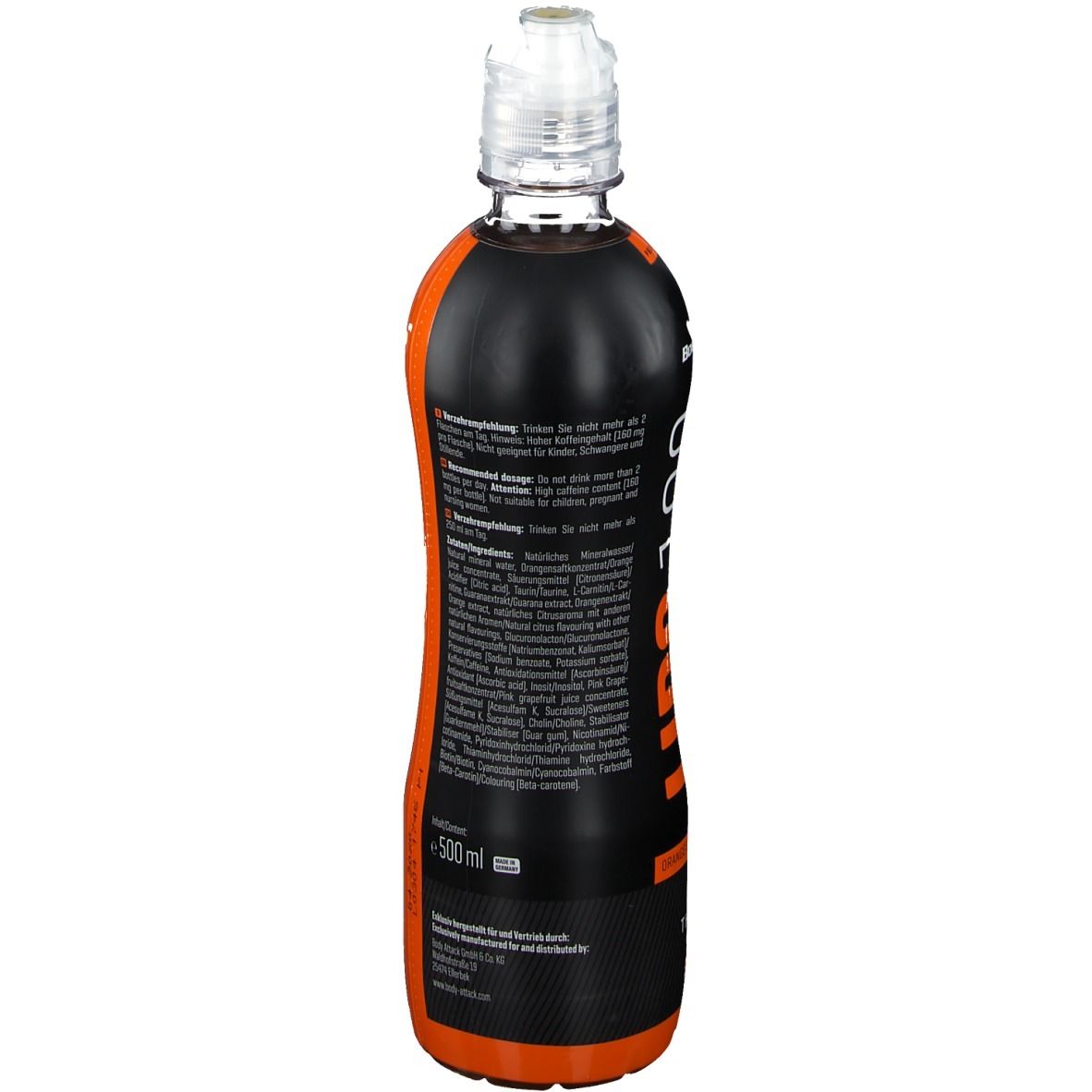 Schlanke, schwarze Flasche mit orangefarbenen Akzenten. Rückseite mit Text. Transparenter Verschluss. Informationen und Volumen.