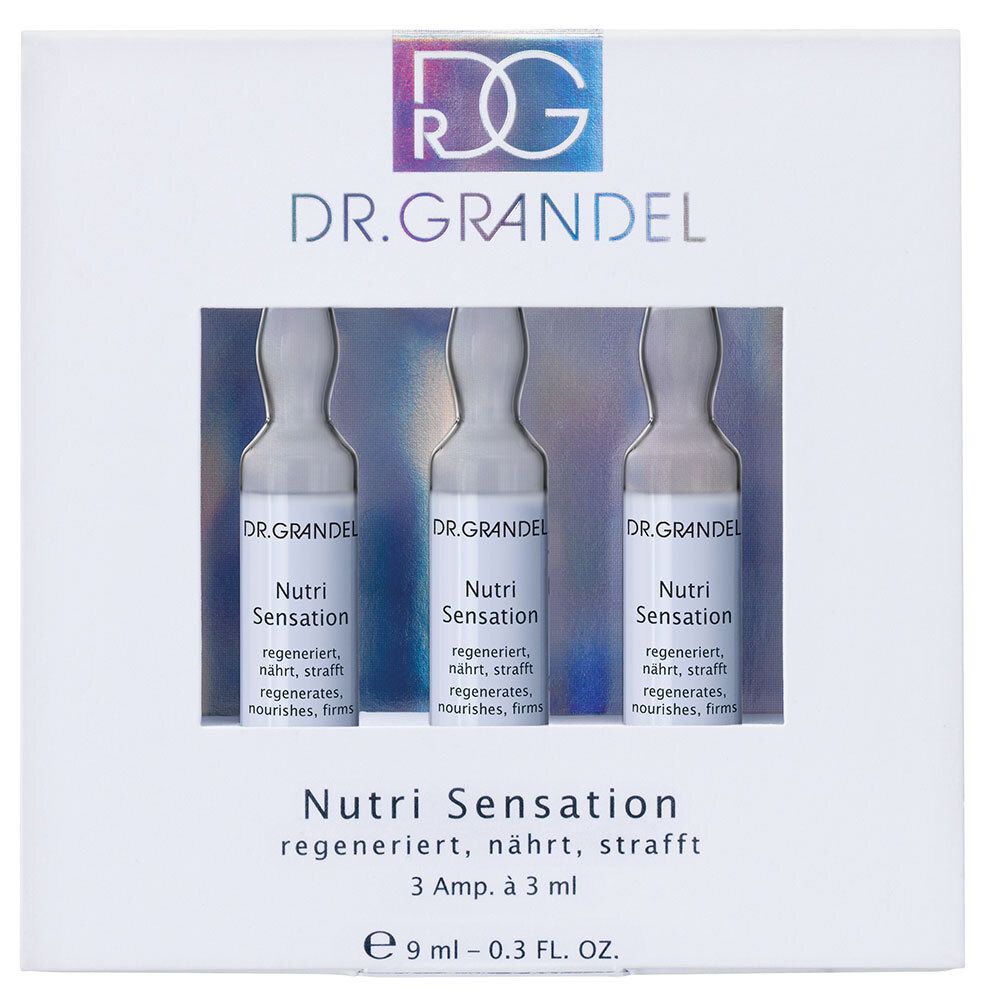 Boîte avec trois ampoules. Inscription : Dr. Grandel, Nutri Sensation. 3 ampoules de 3 ml.