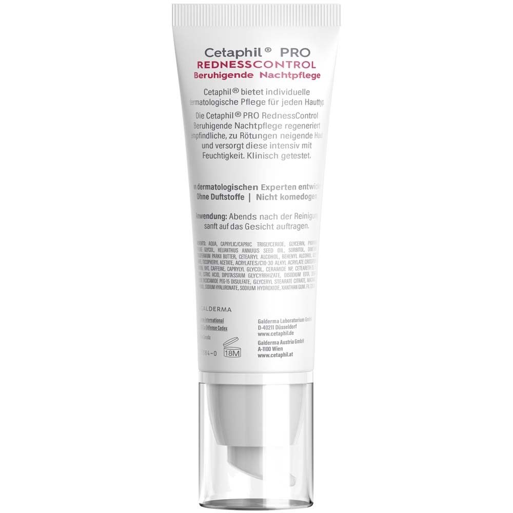 Dos du tube Cetaphil PRO RednessControl, soin de nuit. Texte et ingrédients.