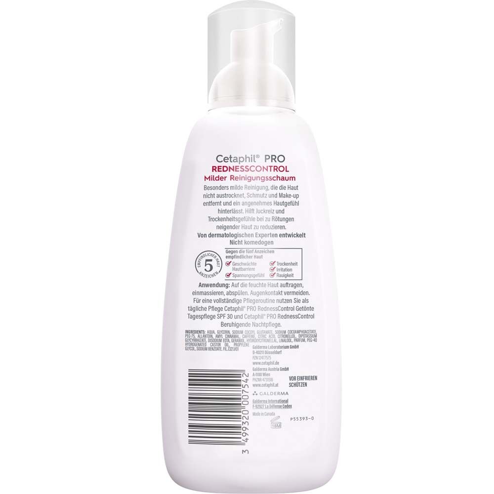 Dos du flacon de mousse nettoyante CETAPHIL PRO RednessControl. Texte et ingrédients.