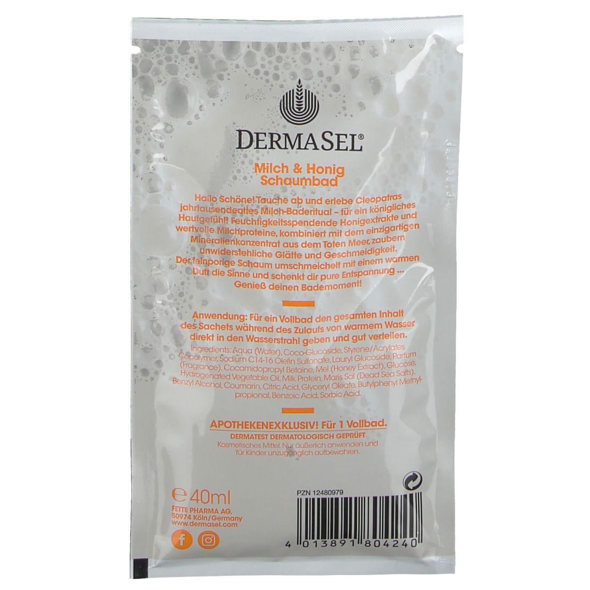 Beutel mit Schaumbad. Marke DERMASEL. Text: Milch & Honig Schaumbad. Apothekenexklusiv. Inhalt: 40ml. Mit Barcode und Logo.