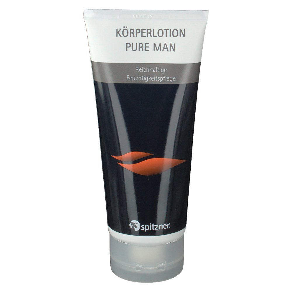 Tube de lotion corporelle Pure Man. Design blanc, noir et orange. Logo Spitzner. Texte : Körperlotion Pure Man, soin hydratant riche.