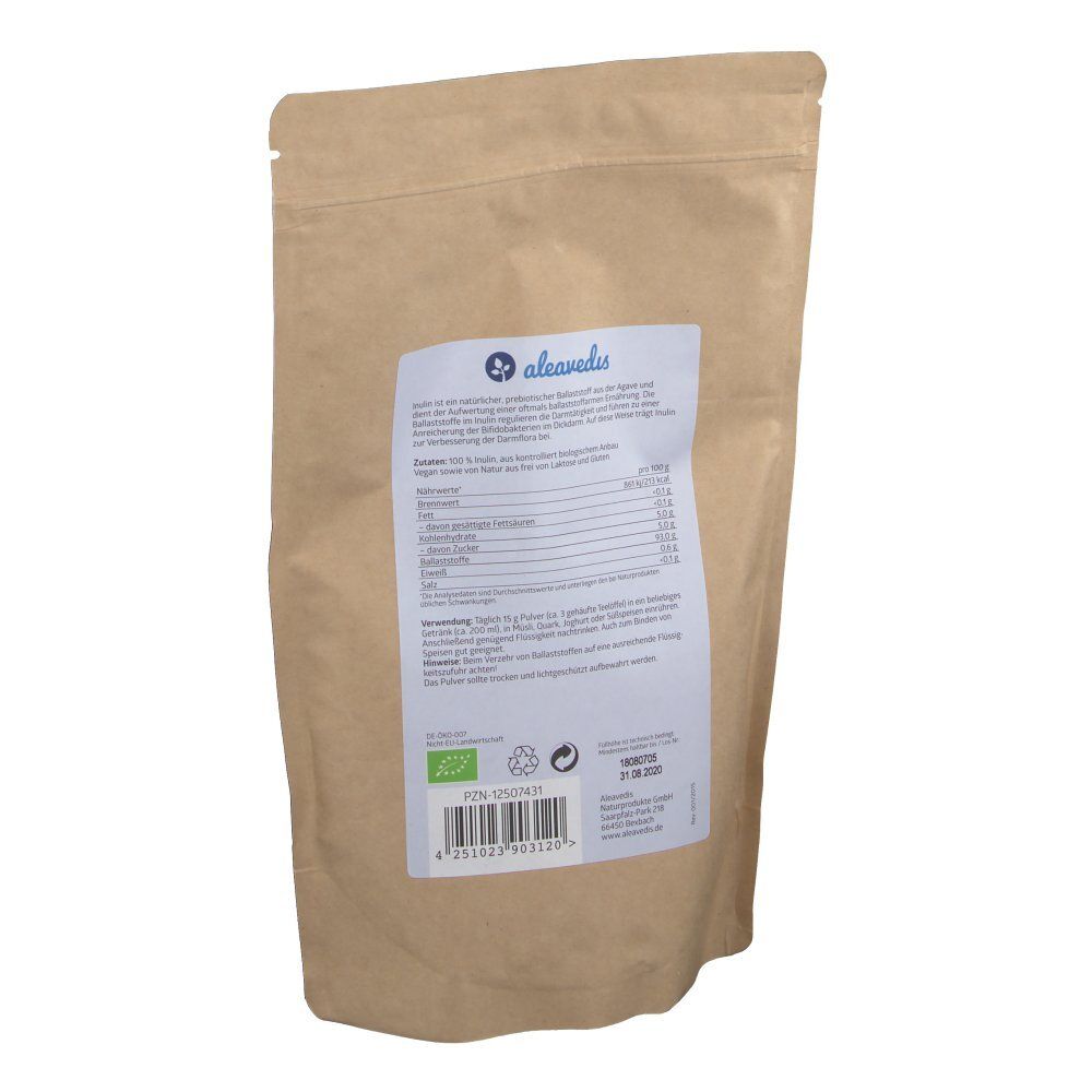 Dos du sachet en papier brun. Étiquette blanche avec texte et informations nutritionnelles. Logo : aleavedis. Label bio, code-barres et date limite.